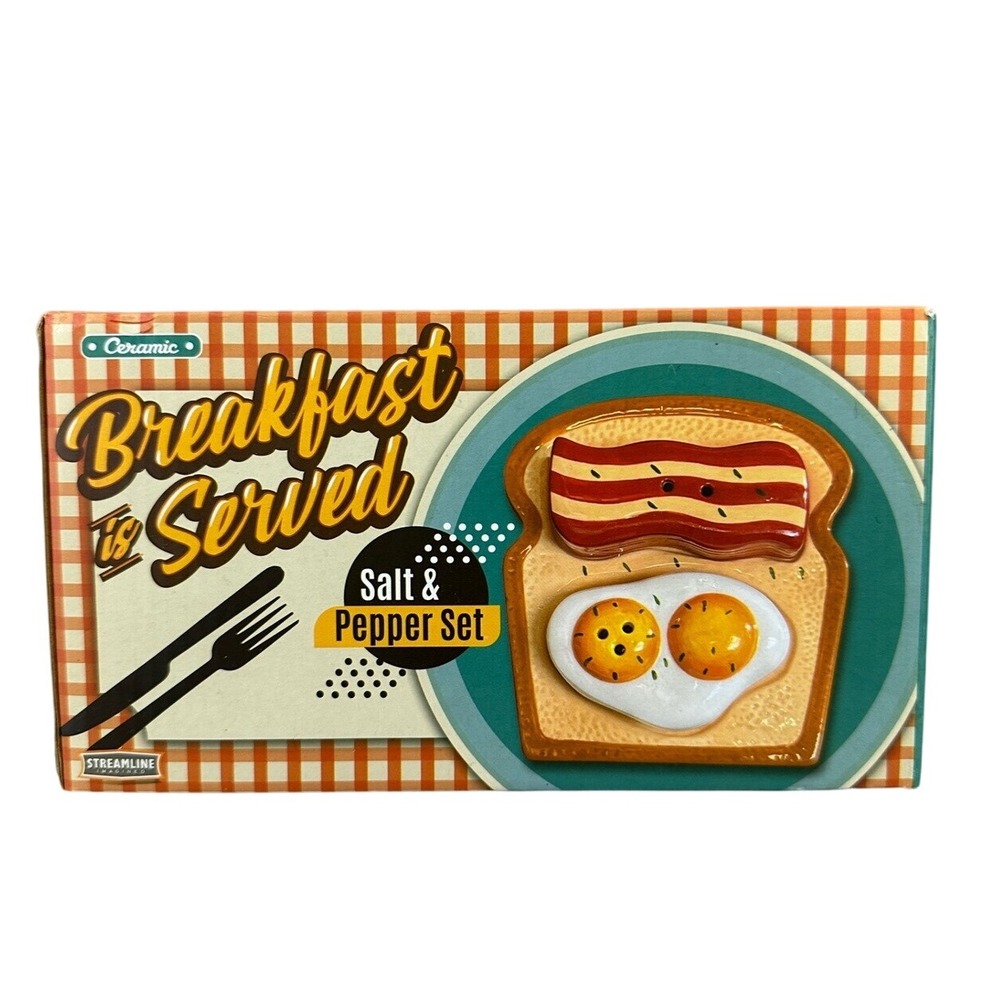Streamline Breakfast Salt and Pepper Set‎ Ceramic Toast Eggs Bacon, New in Box